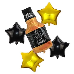 50898 Aged to Perfection Whiskey Bottle Super Shape Mylar Foil Balloon with Star Balloons Golden and Black Pack of 5 Pcs