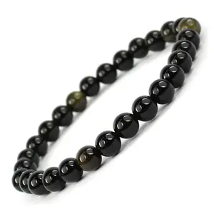 Reiki Crystal Products Natural Black Obsidian Bracelet Crystal Stone 6 mm Round Bead Bracelet for Reiki Healing and Crystal Healing Stones