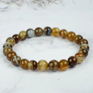 Reiki Crystal Products Natural Botswana Agate Brown Bracelet Crystal Stone 8mm Round Bead Bracelet for Reiki Healing and Crystal Healing Stones