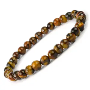 Reiki Crystal Products Natural Tiger Eye Bracelet Crystal Stone 6 mm Round Bead Bracelet for Reiki Healing and Crystal Healing Stones