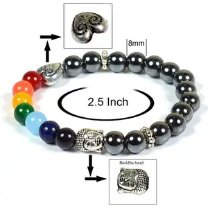 Reiki Crystal Products Natural Hematite Bracelet with 7 Chakra Buddha Head 8mm Round Bead Bracelet for Reiki Healing and Crystal Healing Stones