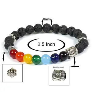 Reiki Crystal Products Natural Lava Bracelet with 7 Chakra Buddha Head 8mm Round Bead Bracelet for Reiki Healing and Crystal Healing Stones