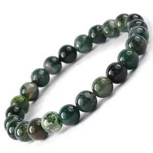 Reiki Crystal Products Natural Moss Agate Bracelet Crystal Stone 8mm Round Bead Bracelet for Reiki Healing and Crystal Healing Stones
