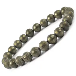 Reiki Crystal Products Natural Pyrite Bracelet Crystal Stone 8mm Round Bead Bracelet for Reiki Healing and Crystal Healing Stones