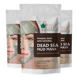 Bliss of Earth100% Pure Dead Sea Mud | 3x100GM Powder | Great For Facial Treatment Acne Oily Skin & Blackheads | Minimizes Pores & Improves Overall Complexion |