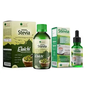 Bliss of Earth Combo of Next Generation Elaichi Flavoured Stevia Liquid (100ml) Sweeten Cardamom Tea & Milk and 99.8% REB-A Stevia Drops Liquid (30ml) Pack of 2