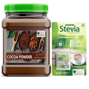 Bliss of Earth Combo of Naturally Organic Dark Cocoa Powder(500gm) for Chocolate Cake Making & 99.8% REB-A Purity Stevia Tablets Sugarfree Pellets (100 Tablets) Zero Calorie Keto Sweetener