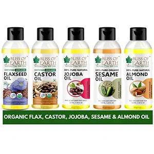 Bliss of Earth¢ Organic Castor Oil Sesame Oil Jojoba Oil Flaxseed Oil & Sweet Almond Oil Pack of 5 (100ML Each)