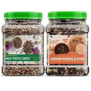 Bliss of Earth Combo Of Naturally Organic Masala Chai (400gm) And Milk Thistle Seeds (500gm) Super Food For Liver Cleansing Immunity Boosting And Blood Sugar Control (Pack Of 2)