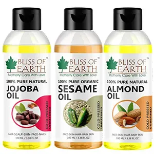 Bliss of Earth® Combo of 100% Organic Sesame Oil Jojoba Oil & Sweet Almond Oil Cold Pressed & Unrefined 3X100ml
