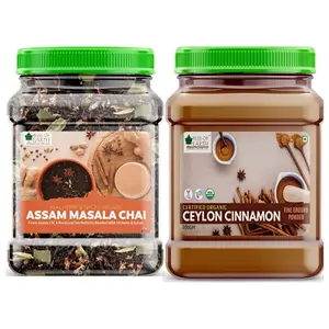 Bliss of Earth Combo Of Finest Assam Masala Chai (400gm) Blended CTC leaf infused with 20 real herbs & spices And Ceylon Cinnamon Powder (500gm) Organic For Weight Loss Drinking & Cooking Pack Of 2