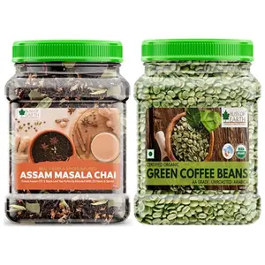Bliss of Earth Combo Of Finest Assam Masala Chai (400gm) Blended CTC leaf infused with 20 real herbs & spices And Organic Arabica Green Coffee Beans (500gm)AA Grade