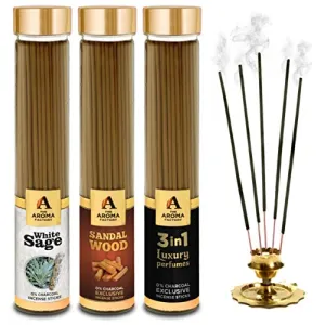 White Sage Sandalwood Chandan & 3 in 1 Incense Stick Agarbatti (100% Herbal) Bottle Pack of 3