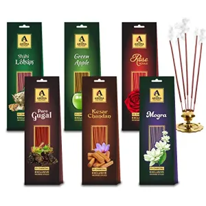 Masala batti (0% Incense Sticks) Green Apple Mogra Rose Gugal Loban & Chandan Sandal Agarbatti Packets (Pack of 6 X 30 Sticks Each)