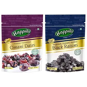 Premium International Omani Dates 250g + Happilo Premium Afghani Seedless Black Raisins 250g (Pack of 2)