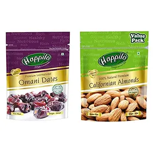 Happilo Premium International Omani Dates 250g & 100% Natural Premium Californian Almonds Value Pack Pouch 500 g