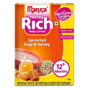 Manna Baby Cereal 200g | Baby Food (12+Months) Sprouted Ragi with Honey Powder | 100% Natural Health Mix | Infant Food