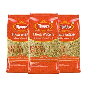 Manna Kodo Millet. Natural Grains 1.5kg (500g x 3 Packs) - (Kodra / Varagu / Arikelu / Hark / Varigu) | Native Low GI Millet Rice | High Protein & 100% More Fibre Than Rice