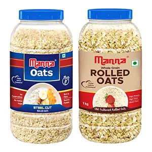 Manna Oats 2kg (1kg x 2 Jars) - Gluten Free Steel Cut Rolled Oats. High In Fibre & Protein. Helps maintain cholesterol. Good for Diabetics. 100% Natural.