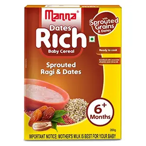 Manna Baby Cereal 200g | Baby Food (6+Months) Sprouted Ragi with Dates Powder | 100% Natural Health Mix | Infant Food