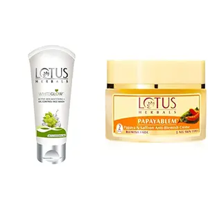 Lotus Herbals White Glow Active Skin Whitening And Oil Control Face Wash 50g And Lotus Herbals Papayablem Papaya-n-Saffron Anti-Blemish Cream 50g