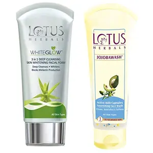 Lotus Herbals Whiteglow 3-In-1 Deep Cleansing Skin Whitening Facial Foam 100g And Herbals Jojoba Face Wash Active Milli Capsules 120g