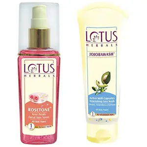 Lotus Herbals Rosetone Rose Petals Facial Skin Toner 100ml And Herbals Jojoba Face Wash Active Milli Capsules 120g