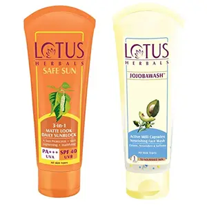 Lotus Herbals Safe Sun 3-In-1 Matte Look Daily Sunblock SPF-40 50g And Herbals Jojoba Face Wash Active Milli Capsules 120g