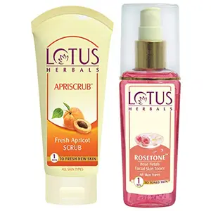 Lotus Herbals Apriscrub Fresh Apricot Scrub 100g & Herbals Rosetone Rose Petals Facial Skin Toner 100ml