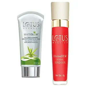 Lotus Herbals Whiteglow 3-In-1 Deep Cleansing Skin Whitening Facial Foam 100g And Herbals Divine Dew Herbal Sindoor 21 Love Drop 8g