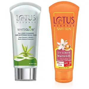Lotus Herbals Whiteglow 3-In-1 Deep Cleansing Skin Whitening Facial Foam 100g And Herbals Safe Sun UV Screen Matte Gel SPF 50 50g