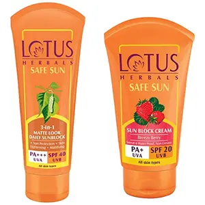 Lotus Herbals Safe Sun 3-In-1 Matte Look Daily Sunblock SPF-40 50g And Herbals Safe Sun Block Cream SPF 20 50g