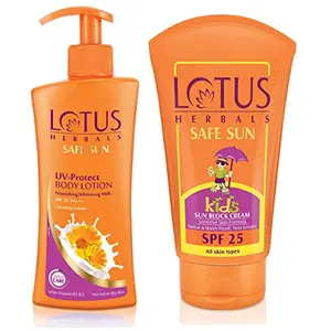 Lotus Herbals Safe Sun UV-Protect Body Lotion For Dry Skin 250 ml And Herbals Safe Sun Kids Sun Block Cream SPF 25 100g