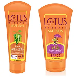 Lotus Herbals Safe Sun 3-In-1 Matte Look Daily Sunblock SPF-40 50g And Herbals Safe Sun Kids Sun Block Cream SPF 25 100g