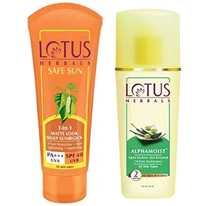 Lotus Herbals Safe Sun 3-In-1 Matte Look Daily Sunblock SPF-40 50g And Herbals Alphamoist Alpha Hydroxy Skin Renewal Oil Free Moisturiser 80ml