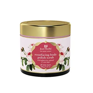 Just Herbs Ayurvedic Resurfacing Body Polish Scrub All Skin Types -100gm Made With Rose Oatmeal Cane Sugar - Exfoliates Removes Tan & Restores PH