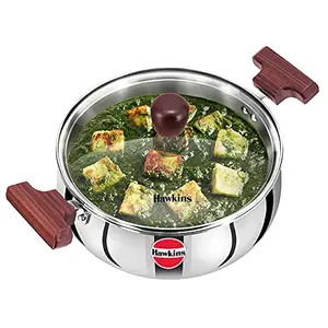 Hawkins Tri-Ply Stainless Steel Induction Compatible Cook n Serve Handi with Glass Lid Capacity 3 Litre Diameter 22 cm Thickness 3 mm Silver (SSH30G)