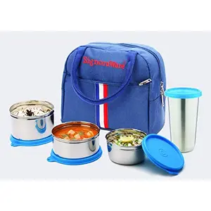 Signoraware Stylish Stainless Steel Lunch Box with Steel tumbler Set of 4 Blue