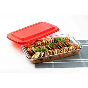 Signoraware Bake 'N' Serve Rectangle Dish Bakeware Safe and Oven Safe Glass with Plastic Lid 2200ml Set of 1 Clear