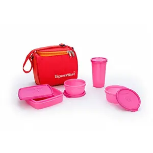 Signoraware Plastic Lunch Box Set with Bag Set 5-Pieces Pink