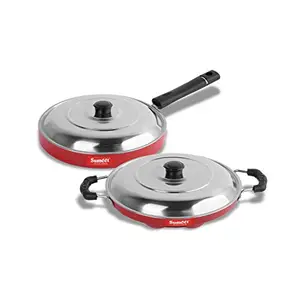 Sumeet 2.6mm Thick Non-Stick Red Indian Aluminium Cookware Set - Grill Appam Patra with Lid and Pizza Pan (23 X 23 X 3.7cm 23 X 23 X 3cm)