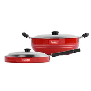 Sumeet 2.6mm Thick Non-Stick Aluminium Sangria Cookware 20cm Dia Kadhai with Lid and 23cm Dia Pizza Pan Set (Red 1.5 Litres)