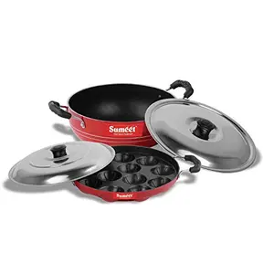 SUMEET 2.6mm Thick Non-Stick Aluminium Red Get Ready Cookware Set (Kadhai with Lid 1.5Ltr Capacity- 20cm Dia and Grill Appam Patra with Lid 23cm Dia)