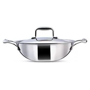 Wonderchef Nigella 3-Ply Stainless Steel Kadhai with Lid 20cm 1.5Litres 2.6mm Thickness Silver Standard