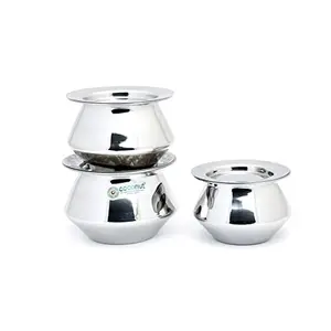 Coconut Stainless Steel Serve Ware Jumbo Dahi Handi/Container with Lids for Storing Curd/Dahi - Set of 3 (400ML 500ML & 650ML)