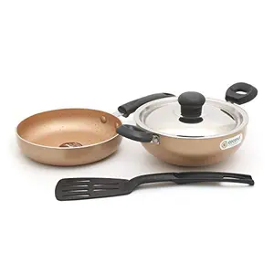 Coconut Black N Gold Series Standard Stove-Friendly Kadai and FryPan with SS Lid Mini Non Stick Set of 2 - Diamater 16Cm Each