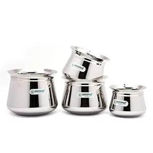 Coconut Stainless Steel - Cookware/Temple Handi - Set of 4 - Capacity - 600/750 / 1500/2000 ML - Diameter - 4.25 5 5.5 & 6 Inches