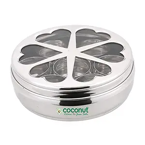 Coconut Stainless Steel Flora Spice Container/Masala Box with 7 Bowls - 1 Unit (Belly Shaped) - Diamater- Cm