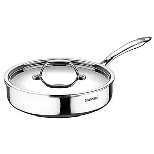 BERGNER Argent Triply Stainless Steel Sautepan/Deep Frypan with Stainless Steel Lid 22 cm 1.8 Litres Induction Base Silver