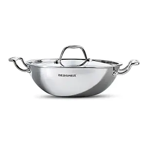Bergner Argent Tri-Ply Stainless Steel Kadhai with Stainless Steel lid (24 cm 2.5 Liters Induction Base Silver)